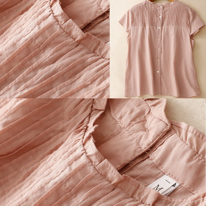 Buddha Stones Summer Pure Color Ruffled Pleated Design Women's Cotton Short Sleeve Shirt - image 4