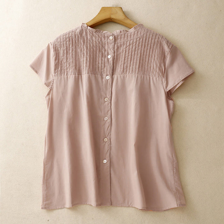 Buddha Stones Summer Pure Color Ruffled Pleated Design Women's Cotton Short Sleeve Shirt - DarkSalmon - US12，UK/AU16，EU44 (2XL) - image 1