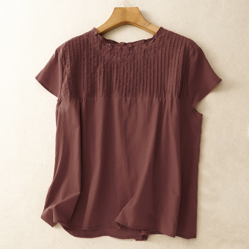 Buddha Stones Summer Pure Color Ruffled Pleated Design Women's Cotton Short Sleeve Shirt - DarkRed - US12，UK/AU16，EU44 (2XL) - image 16