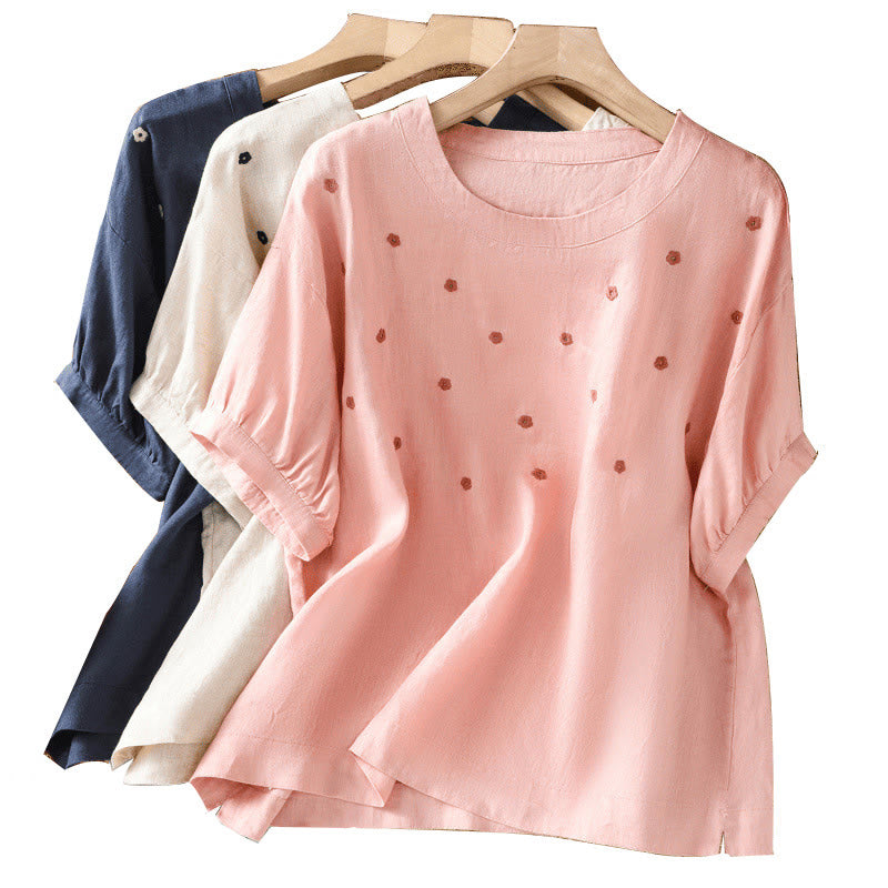 Buddha Stones Plain Embroided Floral Half Sleeve Women's Cotton T-Shirt - image 25