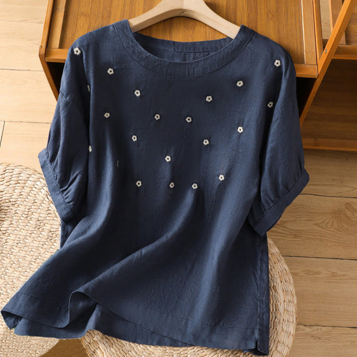 Buddha Stones Plain Embroided Floral Half Sleeve Women's Cotton T-Shirt - MidnightBlue - US14，UK/AU18，EU46 (2XL) - image 1