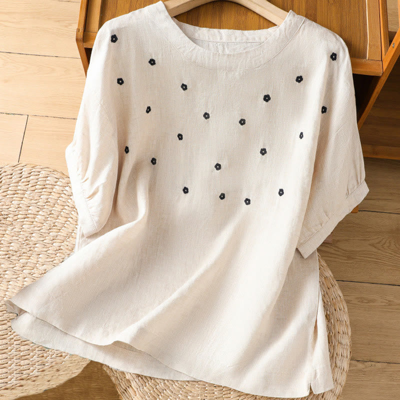 Buddha Stones Plain Embroided Floral Half Sleeve Women's Cotton T-Shirt - Beige - US14，UK/AU18，EU46 (2XL) - image 15