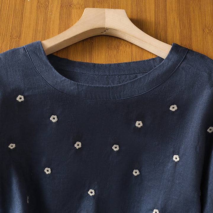 Buddha Stones Plain Embroided Floral Half Sleeve Women's Cotton T-Shirt - image 3