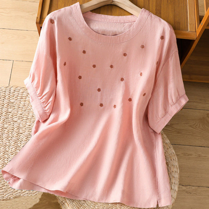 Buddha Stones Plain Embroided Floral Half Sleeve Women's Cotton T-Shirt - LightPink - US14，UK/AU18，EU46 (2XL) - image 7