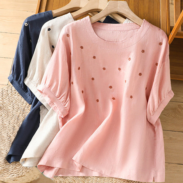 Buddha Stones Plain Embroided Floral Half Sleeve Women's Cotton T-Shirt - image 23