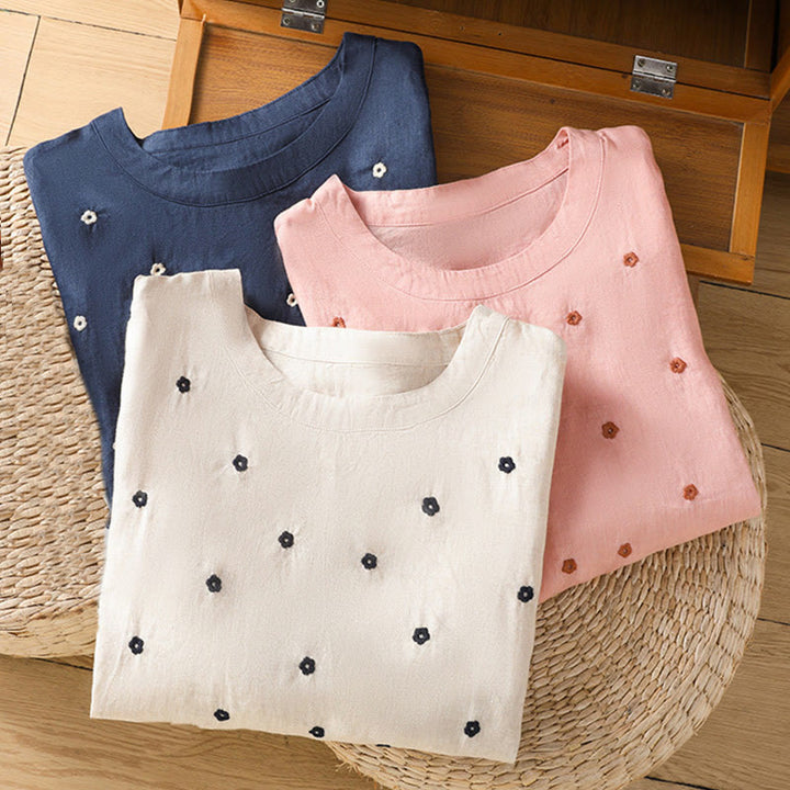 Buddha Stones Plain Embroided Floral Half Sleeve Women's Cotton T-Shirt - image 24