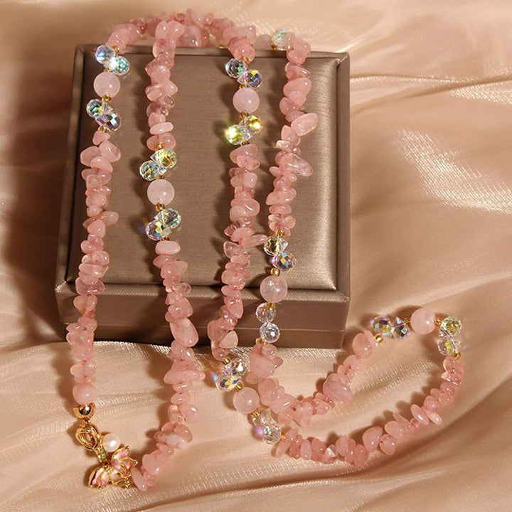 Buddha Stones Butterfly Flower Amethyst Strawberry Quartz Balance Necklace Pendant - Pink Crystal - image 9