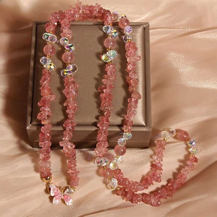 Buddha Stones Butterfly Flower Amethyst Strawberry Quartz Balance Necklace Pendant - Strawberry Quartz - image 7
