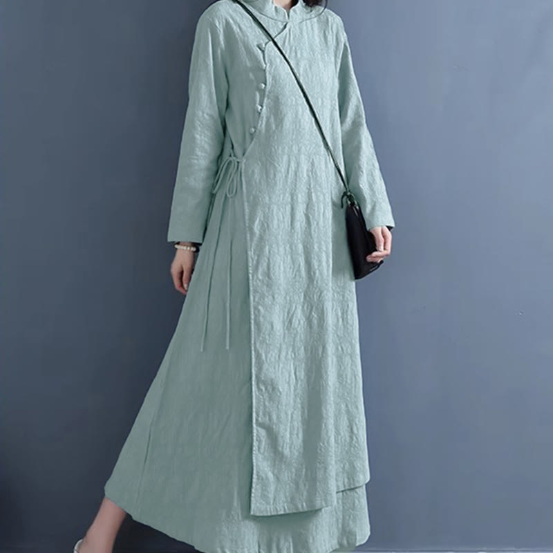 Buddha Stones Spring Casual Plain Frog-Button Design Side Lace-Up Midi Dress - image 9