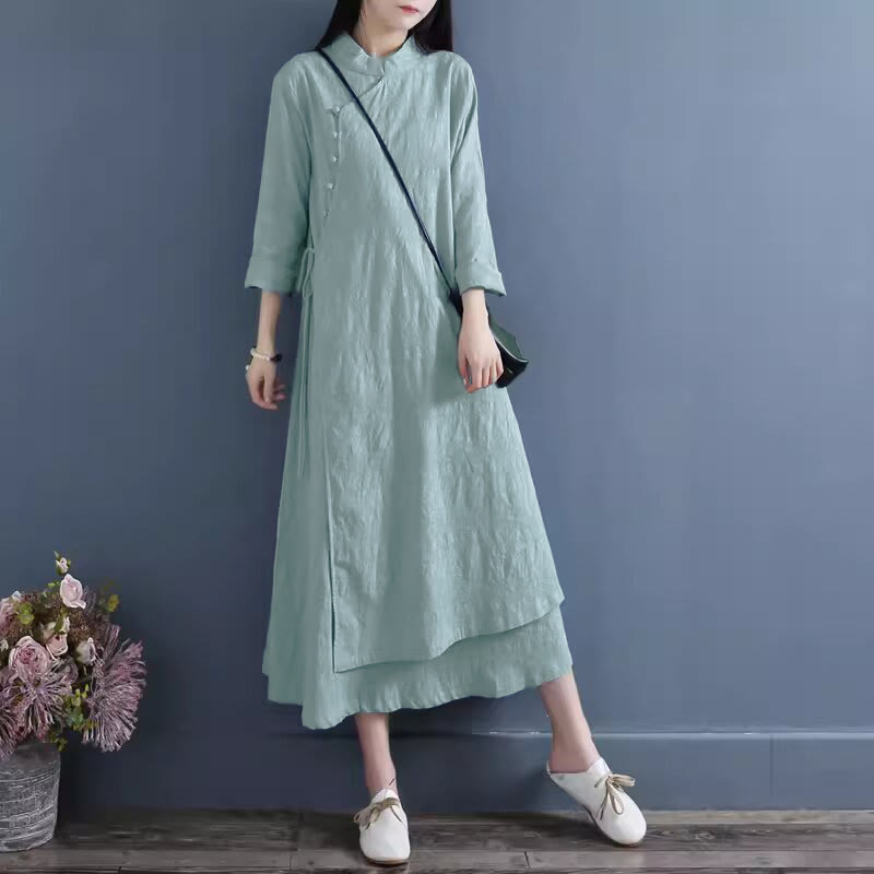 Buddha Stones Spring Casual Plain Frog-Button Design Side Lace-Up Cotton Linen Midi Dress - CornflowerBlue - US8-10，UK/AU12-14，EU40-42 (2XL) - image 7
