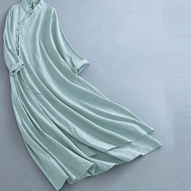 Buddha Stones Spring Casual Plain Frog-Button Design Side Lace-Up Cotton Linen Midi Dress - image 14