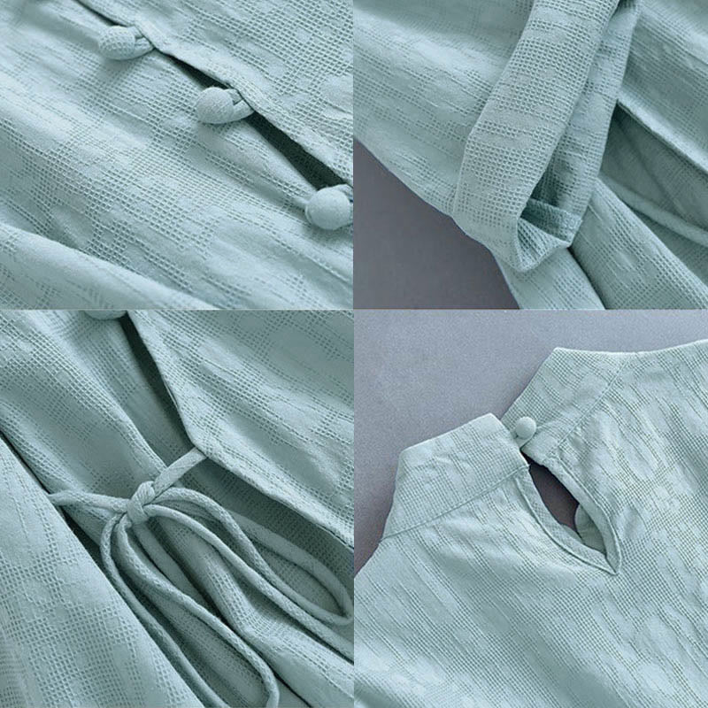 Buddha Stones Spring Casual Plain Frog-Button Design Side Lace-Up Cotton Linen Midi Dress - image 13