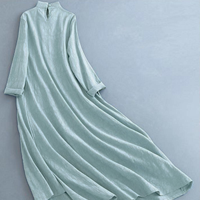 Buddha Stones Spring Casual Plain Frog-Button Design Side Lace-Up Cotton Linen Midi Dress - image 15