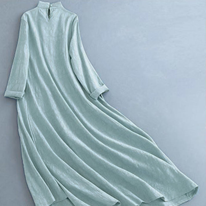 Buddha Stones Spring Casual Plain Frog-Button Design Side Lace-Up Cotton Linen Midi Dress - image 15