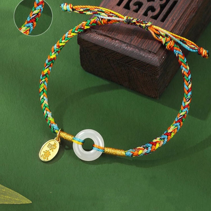 Buddha Stones Handmade Peace Buckle Jade Prosperity 925 Sterling Silver Colorful Rope Bracelet - image 3