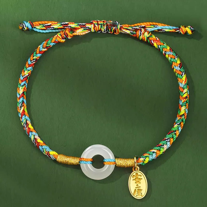 Buddha Stones Handmade Peace Buckle Jade Prosperity 925 Sterling Silver Colorful Rope Bracelet - image 2