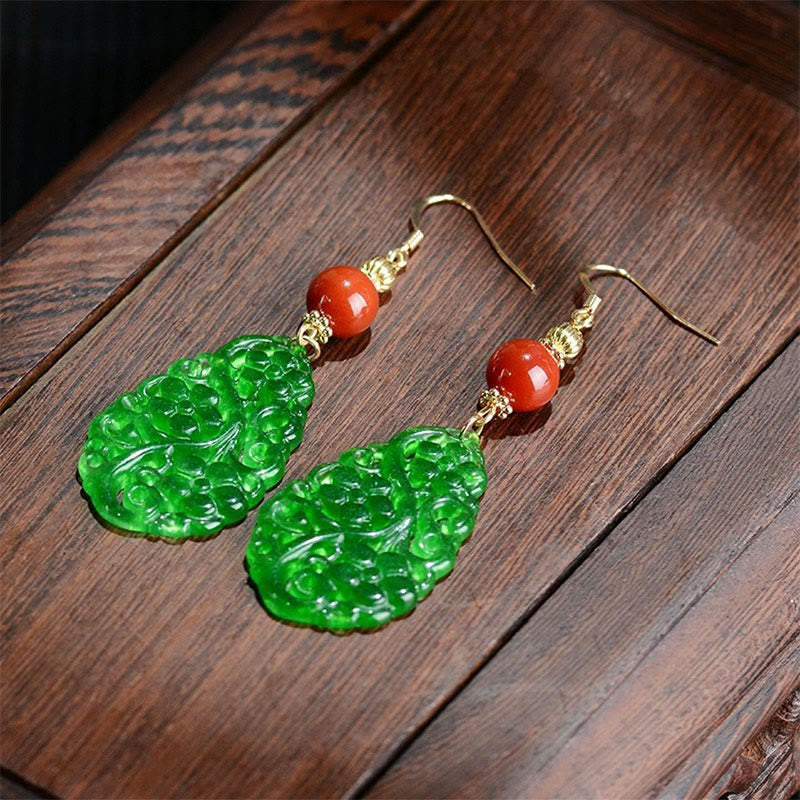 Buddha Stones Water Droplet Hollow Shape Jade Red Agate 925 Sterling Silver Luck Earrings - Jade & Red Agate & Silver Posts - image 2