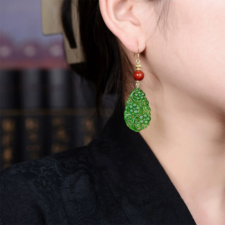 Buddha Stones Water Droplet Hollow Shape Jade Red Agate 925 Sterling Silver Luck Earrings - image 3