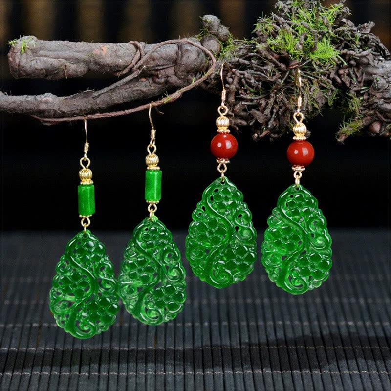 Buddha Stones Water Droplet Hollow Shape Jade Red Agate 925 Sterling Silver Luck Earrings - image 1