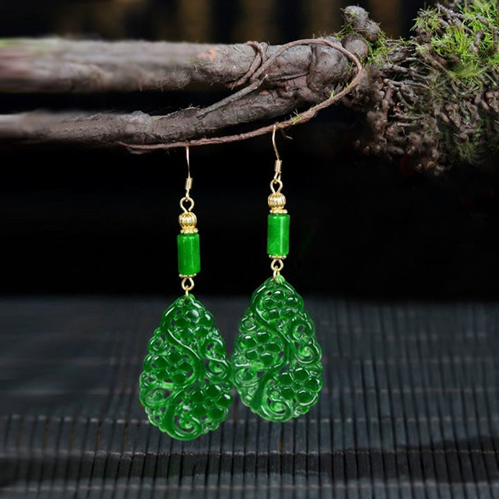 Buddha Stones Water Droplet Hollow Shape Jade Red Agate 925 Sterling Silver Luck Earrings - Jade & Silver Posts - image 7