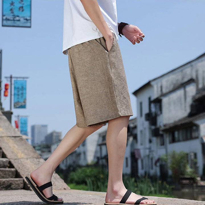 Buddha Stones Weaving Waist Rope Beads Cropped Linen Men's Shorts With Pockets - image 5