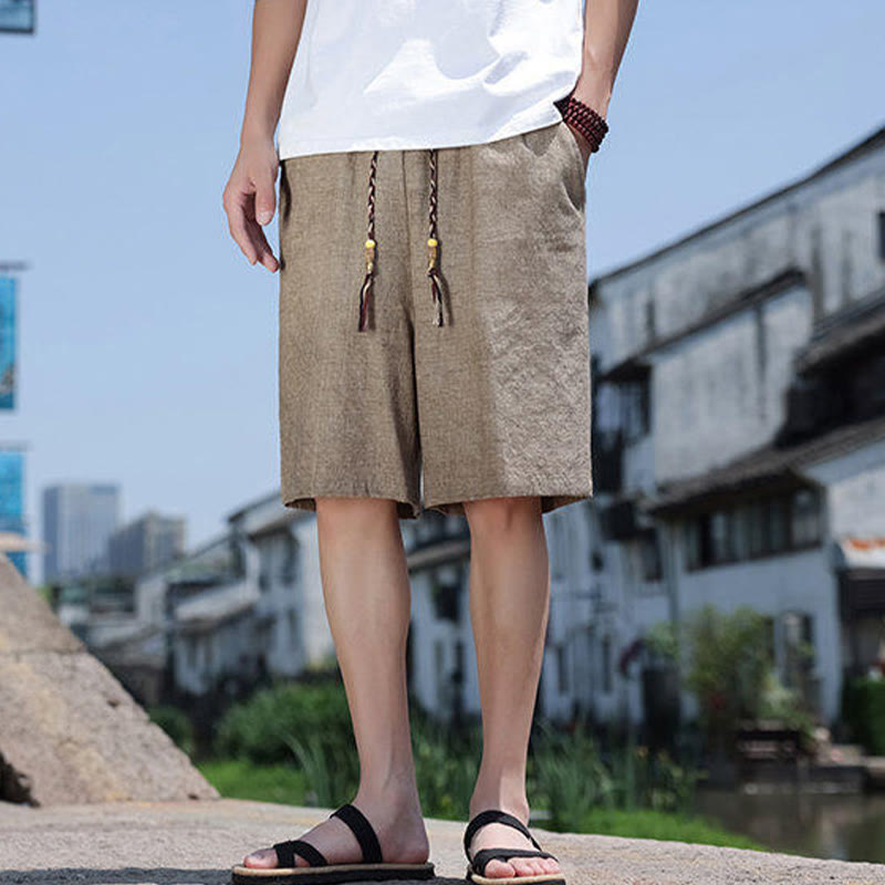 Buddha Stones Weaving Waist Rope Beads Cropped Linen Men's Shorts With Pockets - image 2