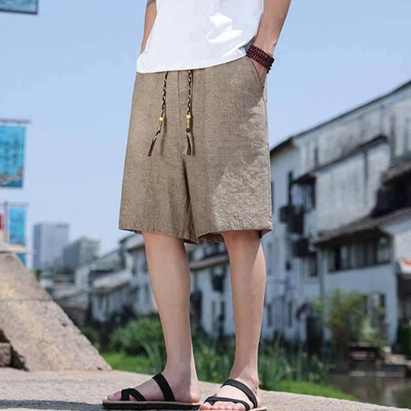 Buddha Stones Weaving Waist Rope Beads Cropped Linen Men's Shorts With Pockets - Tan - US18，UK/AU22，EU50 (5XL) - image 1