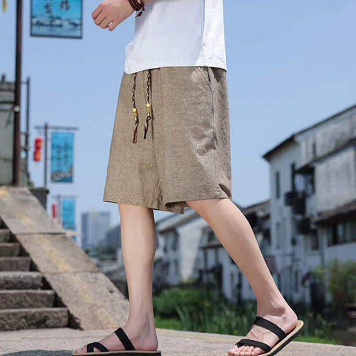 Buddha Stones Weaving Waist Rope Beads Cropped Linen Men's Shorts With Pockets - image 6