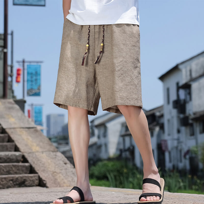 Buddha Stones Weaving Waist Rope Beads Cropped Linen Men's Shorts With Pockets - image 4