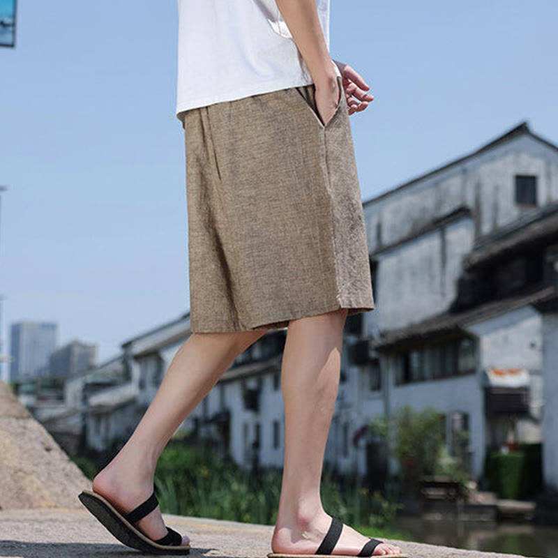 Buddha Stones Weaving Waist Rope Beads Cropped Linen Men's Shorts With Pockets - image 3