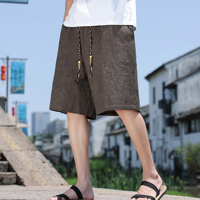 Buddha Stones Weaving Waist Rope Beads Cropped Linen Men's Shorts With Pockets - image 9