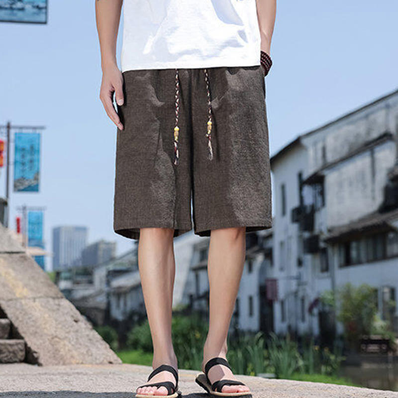 Buddha Stones Weaving Waist Rope Beads Cropped Linen Men's Shorts With Pockets - SaddleBrown - US18，UK/AU22，EU50 (5XL) - image 8