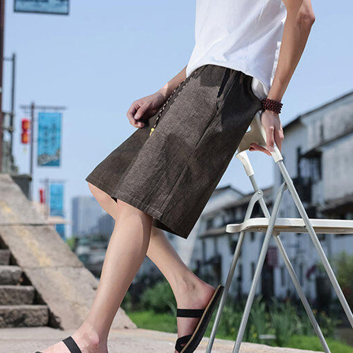 Buddha Stones Weaving Waist Rope Beads Cropped Linen Men's Shorts With Pockets - image 15
