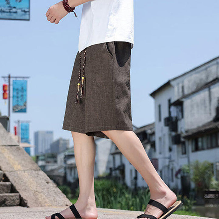 Buddha Stones Weaving Waist Rope Beads Cropped Linen Men's Shorts With Pockets - image 14