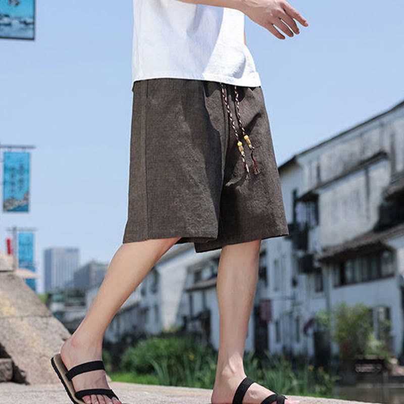 Buddha Stones Weaving Waist Rope Beads Cropped Linen Men's Shorts With Pockets - image 13