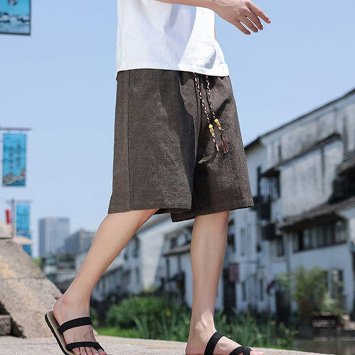 Buddha Stones Weaving Waist Rope Beads Cropped Linen Men's Shorts With Pockets - image 13