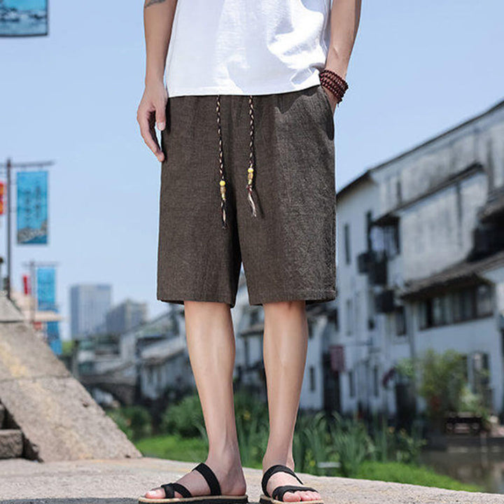 Buddha Stones Weaving Waist Rope Beads Cropped Linen Men's Shorts With Pockets - image 10