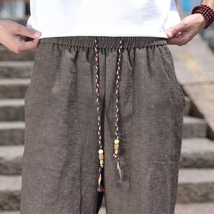 Buddha Stones Weaving Waist Rope Beads Cropped Linen Men's Shorts With Pockets - image 17