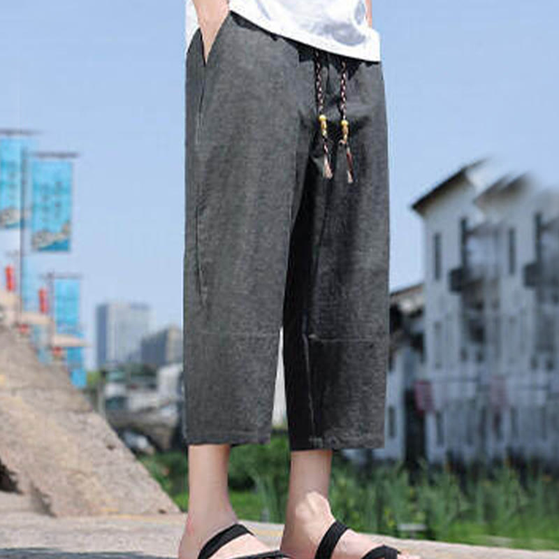 Buddha Stones Casual Woven Bead Waist Rope Men's 7-8 Length Spandex Pants With Pockets - image 2