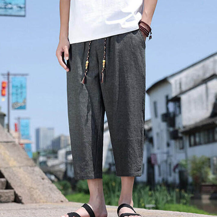 Buddha Stones Casual Woven Bead Waist Rope Men's 7-8 Length Spandex Pants With Pockets - image 4