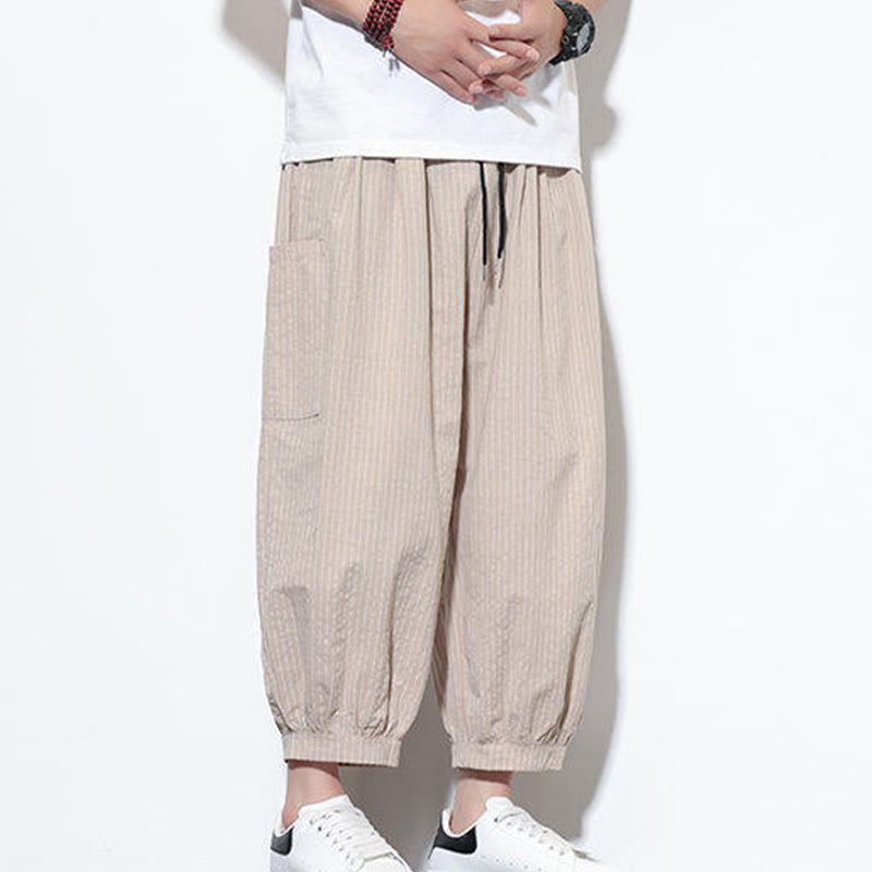 Buddha Stones Casual Striped Men's Cotton 7-8 Length Harem Pants With Pockets - image 6