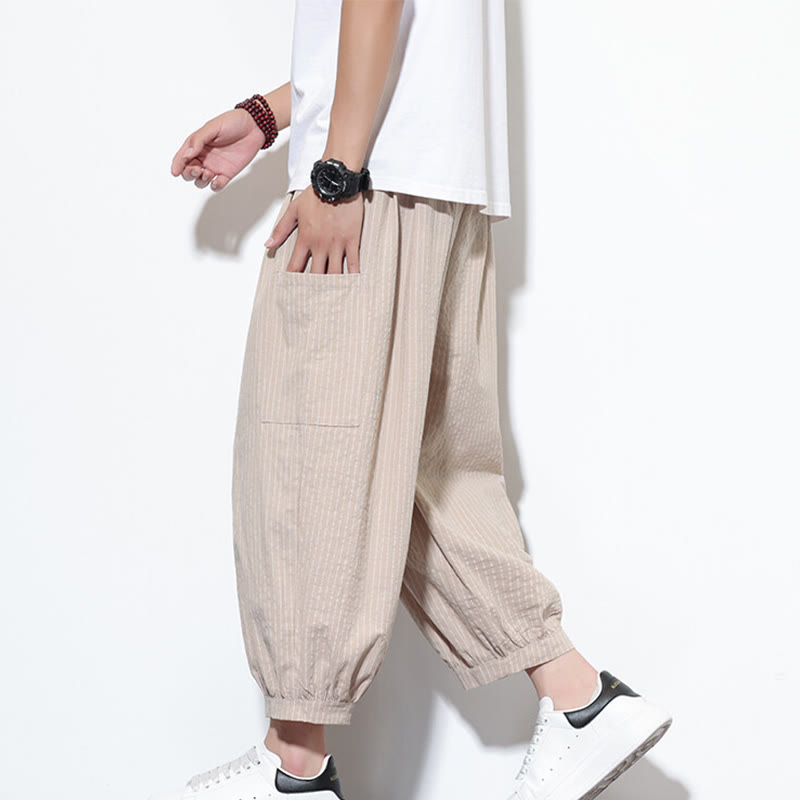 Buddha Stones Casual Striped Men's Cotton 7-8 Length Harem Pants With Pockets - Bisque - US/UK/AU46，EU56 (5XL) - image 1