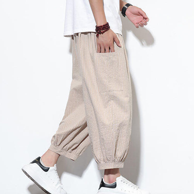 Buddha Stones Casual Striped Men's Cotton 7-8 Length Harem Pants With Pockets - image 3