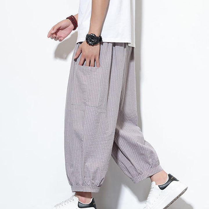 Buddha Stones Casual Striped Men's Cotton 7-8 Length Harem Pants With Pockets - RosyBrown - US/UK/AU46，EU56 (5XL) - image 9