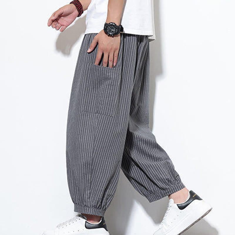 Buddha Stones Casual Striped Men's Cotton 7-8 Length Harem Pants With Pockets - Gray - US/UK/AU46，EU56 (5XL) - image 22
