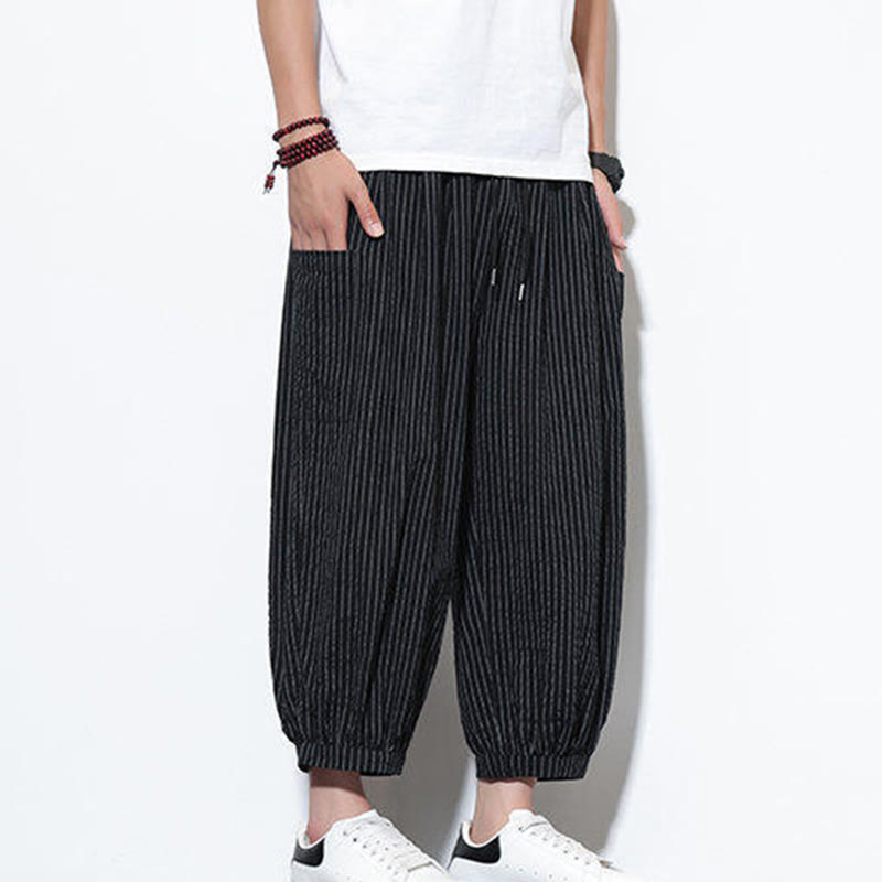 Buddha Stones Casual Striped Men's Cotton 7-8 Length Harem Pants With Pockets - image 32