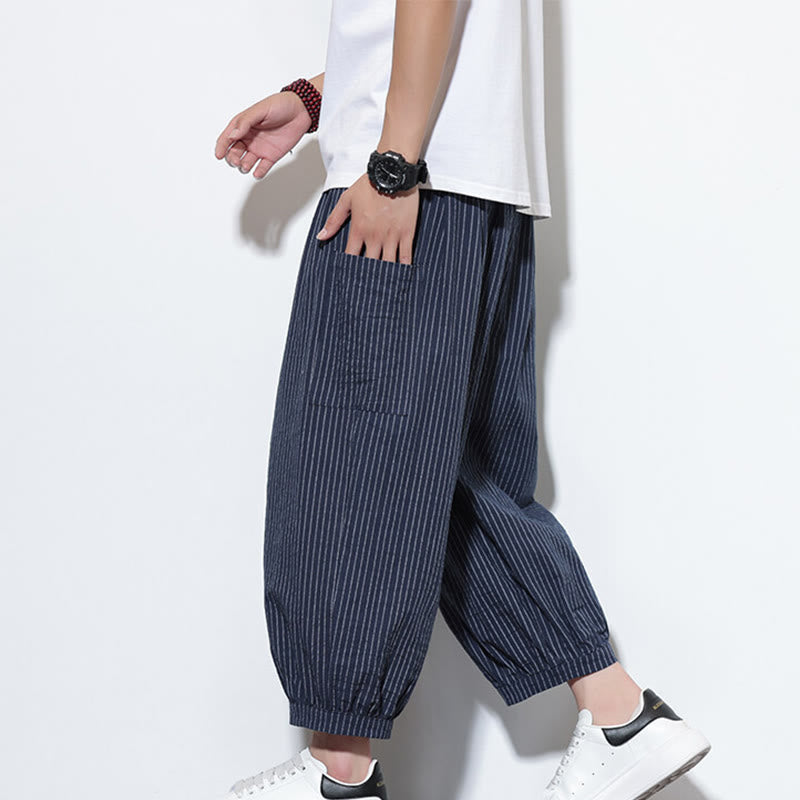 Buddha Stones Casual Striped Men's Cotton 7-8 Length Harem Pants With Pockets - DarkBlue - US/UK/AU46，EU56 (5XL) - image 38