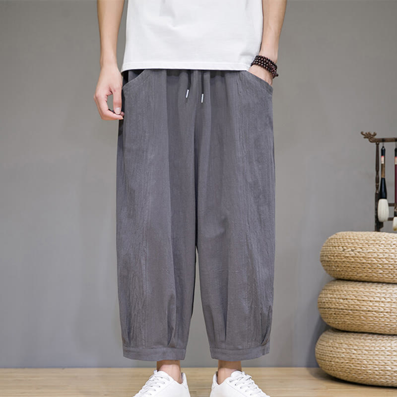 Buddha Stones Casual Plain Men's Cotton 7-8 Length Harem Pants With Pockets - image 3