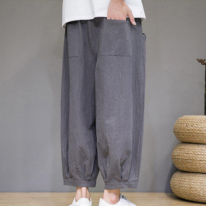 Buddha Stones Casual Plain Men's Cotton 7-8 Length Harem Pants With Pockets - image 5