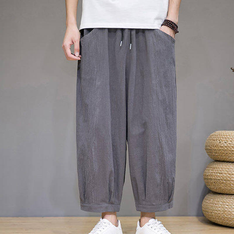 Buddha Stones Casual Plain Men's Cotton 7-8 Length Harem Pants With Pockets - image 3